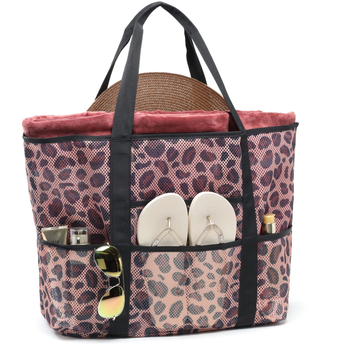 F-color Mesh Beach Bag Family - 9 Pockets Large Beach Tote for Cruise Vacation Essentials