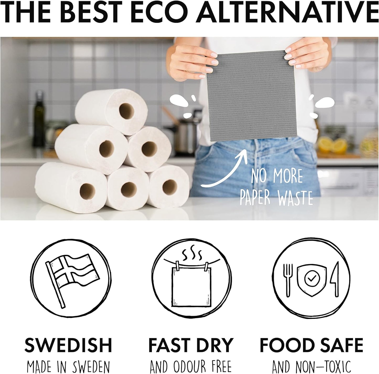 SUPERSCANDI 10 Pack Swedish Dishcloths for Kitchen - 100% Biodegradable & Compostable Reusable Paper Towels Washable, Food-Safe & Without Plastic - Dish Rags Suitable for Any Surface, Grey