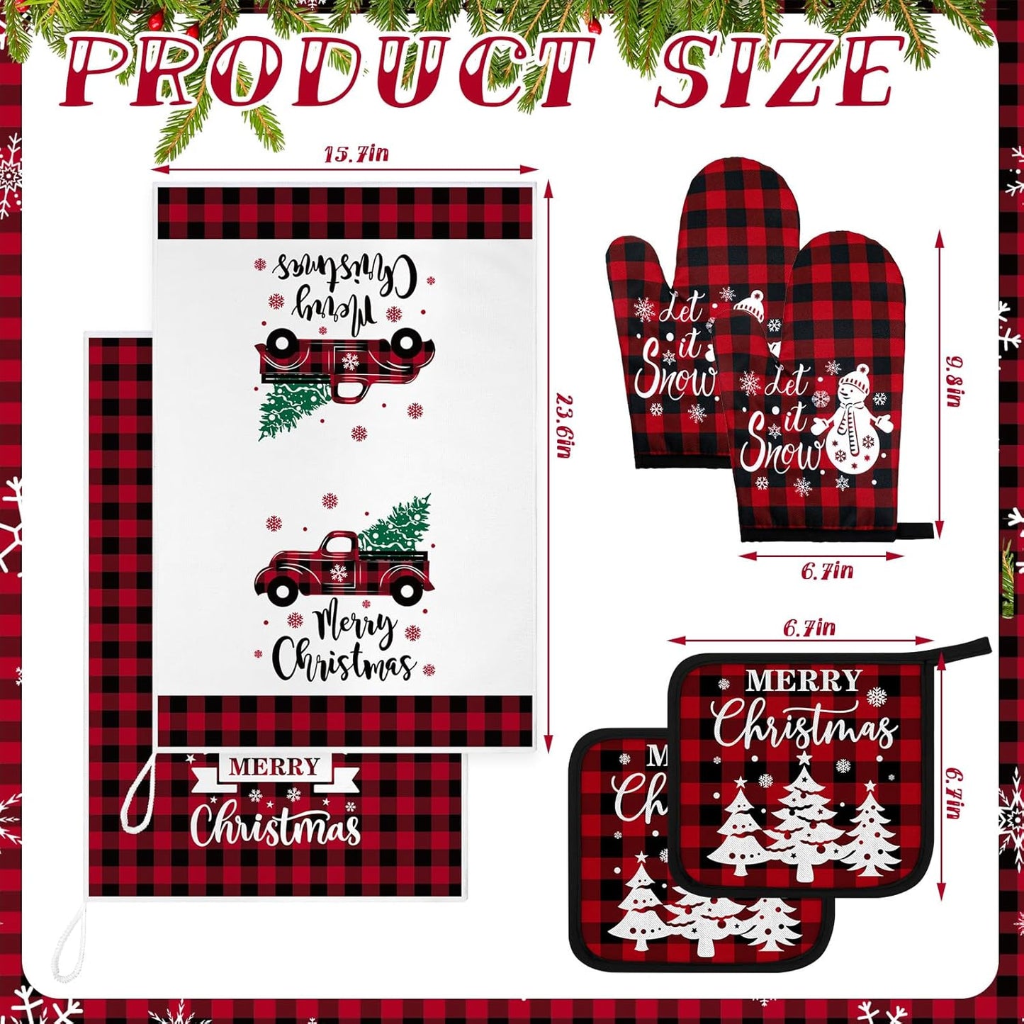 Bencailor 6 Pcs Christmas Kitchen Towel Oven Mitts and Pot Holders Set Xmas Theme Dish Towels Heat Resistant Oven Gloves for Summer Kitchen Cooking Baking Grilling(Christmas Red Plaid Theme)