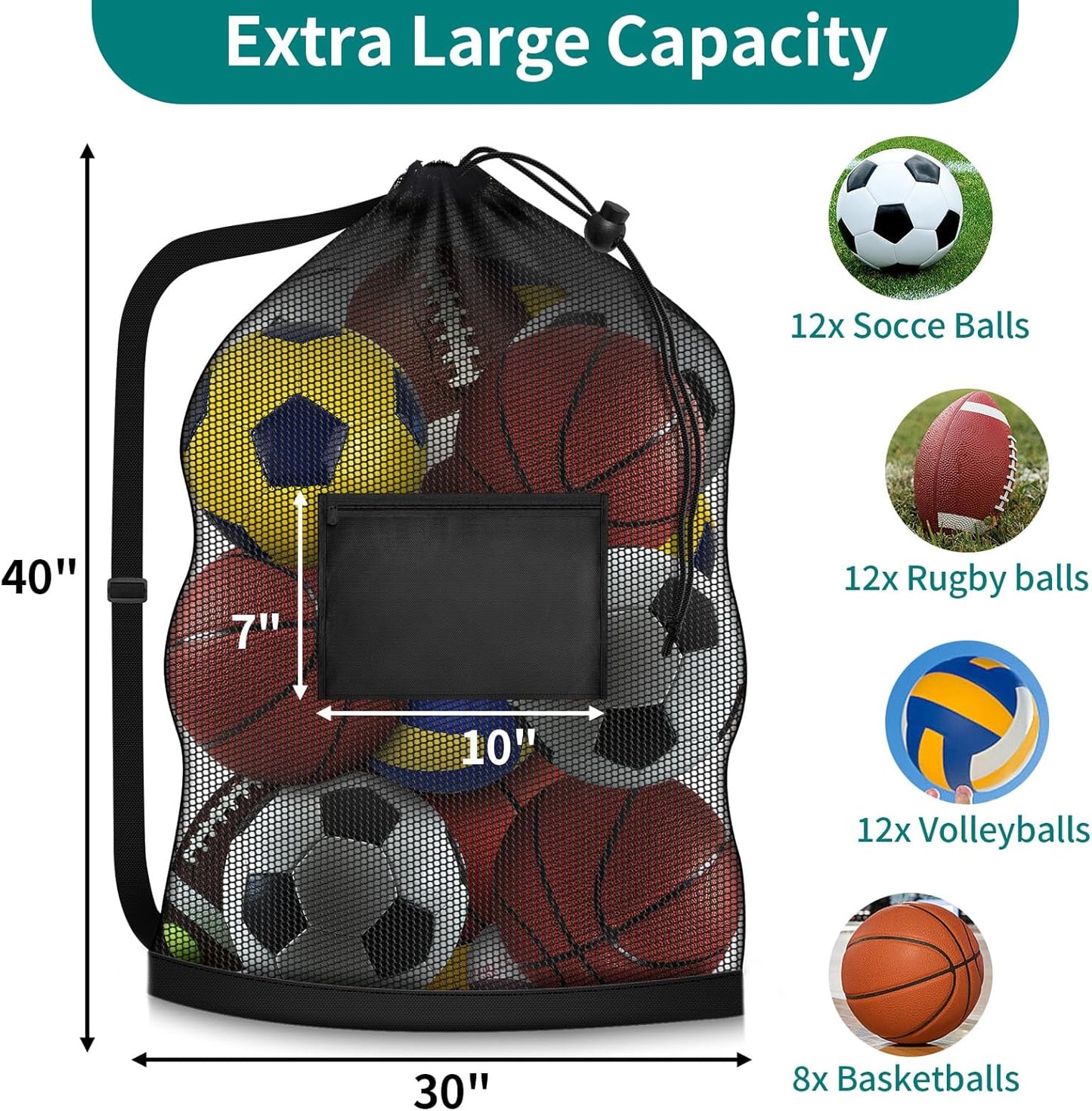 Extra Large Soccer Ball Bag, 40" x 30" Drawstring Mesh Ball Bag with Pocket, Heavy Duty Sport Net Sack for Coaches, Storage Bag for Basketball, Volleyball, Gym Equipment, Swimming Gear