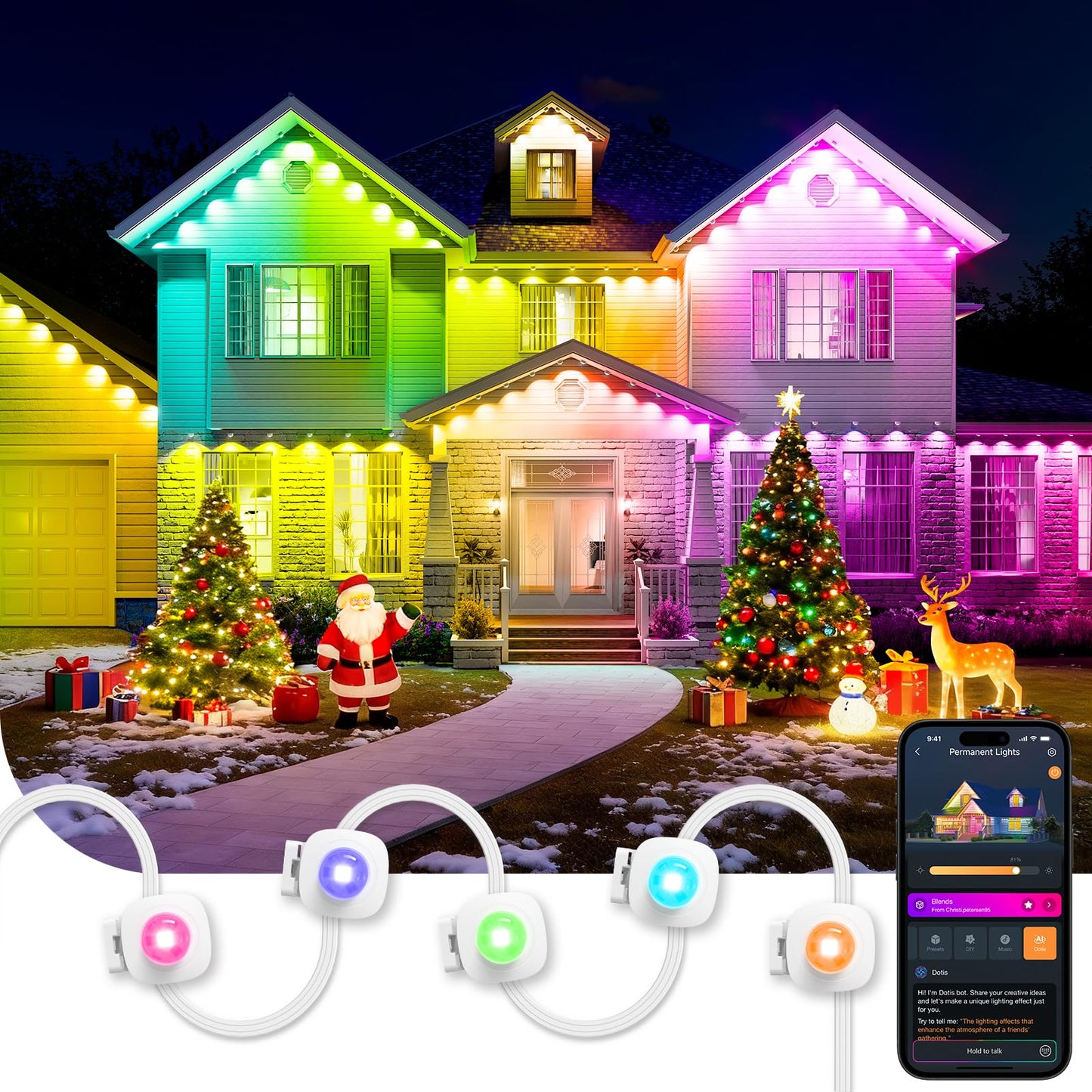 Linkind Permanent Outdoor Lights HP5,Smart AI RGBTW 100ft Christmas Lights, 85 Scenes Modes for Daily Holiday Christmas Decorations,IP67 Waterproof, Compatible with Alexa,Google Assistant