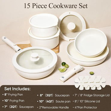 CAROTE Pots and Pans Set Non Stick, 15pcs Cookware Sets, Dishwasher/Oven/Fridge Safe, Kitchen Set, Space Saving Pots Set, Nonstick Set with Versatile Detachable Handle, Induction RV Set