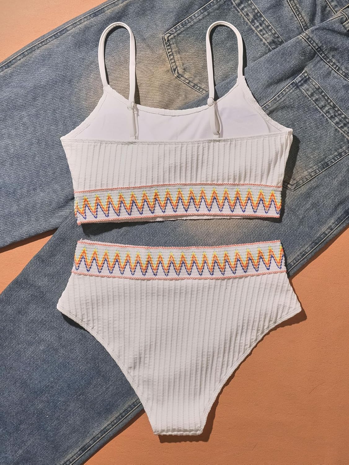 Limeeke Women High Waisted Bikini Sets Ribbed Color Block Two Piece Swimsuit Scoop Neck Bathing Suit