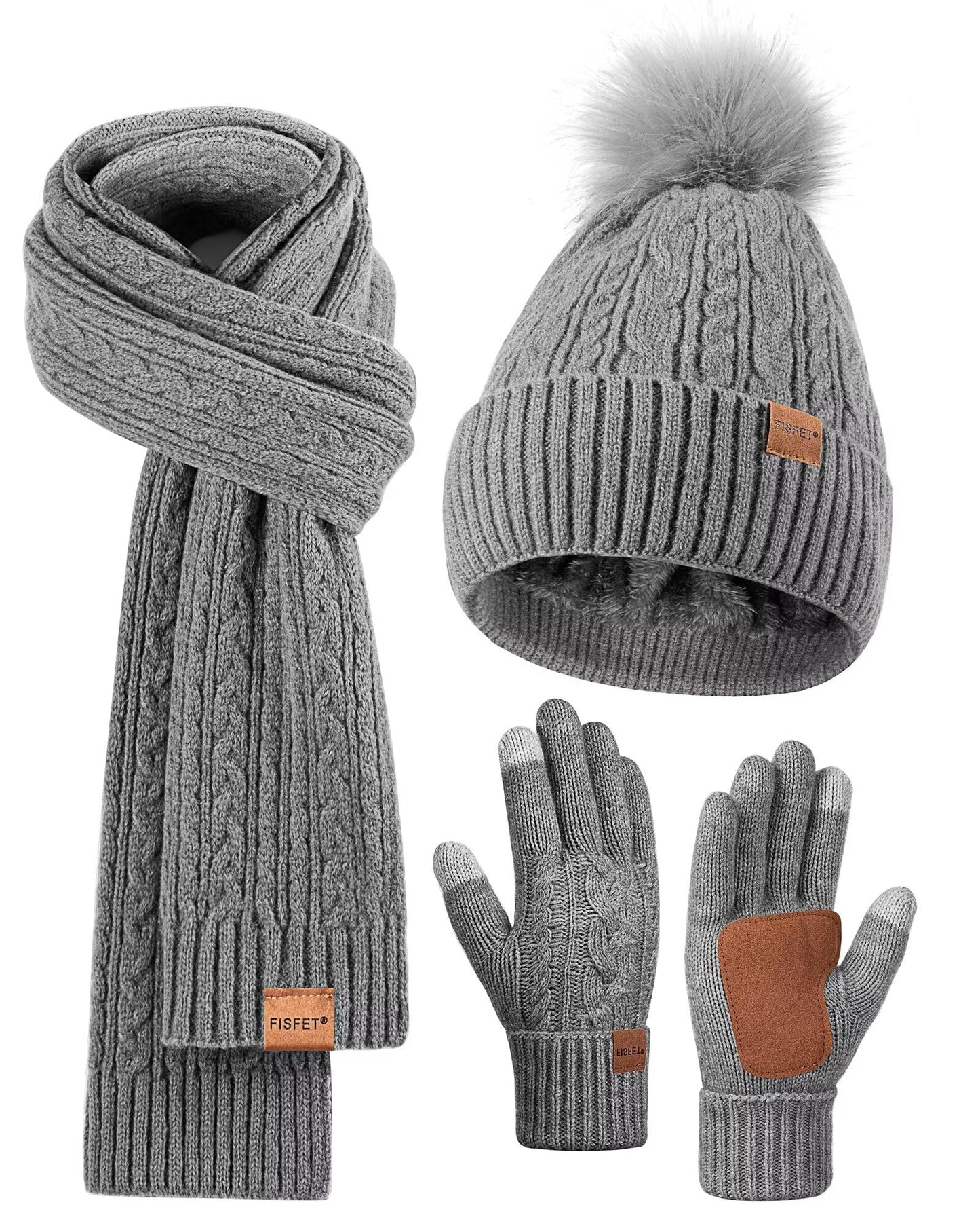Winter Beanie Hat Scarf Gloves Set for Women, Pom Pom Beanie Fleece Lined Knit Neck Warmer Touchscreen Gloves 3 in 1 Gift Set