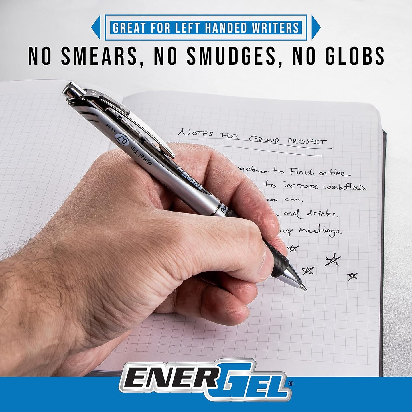 Pentel EnerGel Retractable Liquid Gel Pens, Medium Point, 0.7 mm, Silver Barrel, 12 Black Ink pens, the Ultimate writing pens, the Best Writing Pens for office, school and journaling, Pack of 12