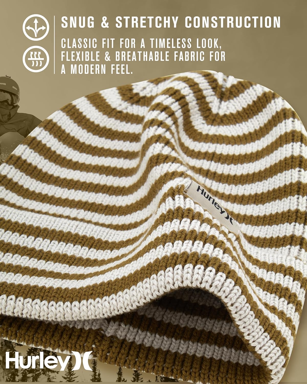 Hurley Women's Billie Beanie Hat - Medium Fit Cable Knit with Jacquard Stripes and Cuff - Winter Hats for Women