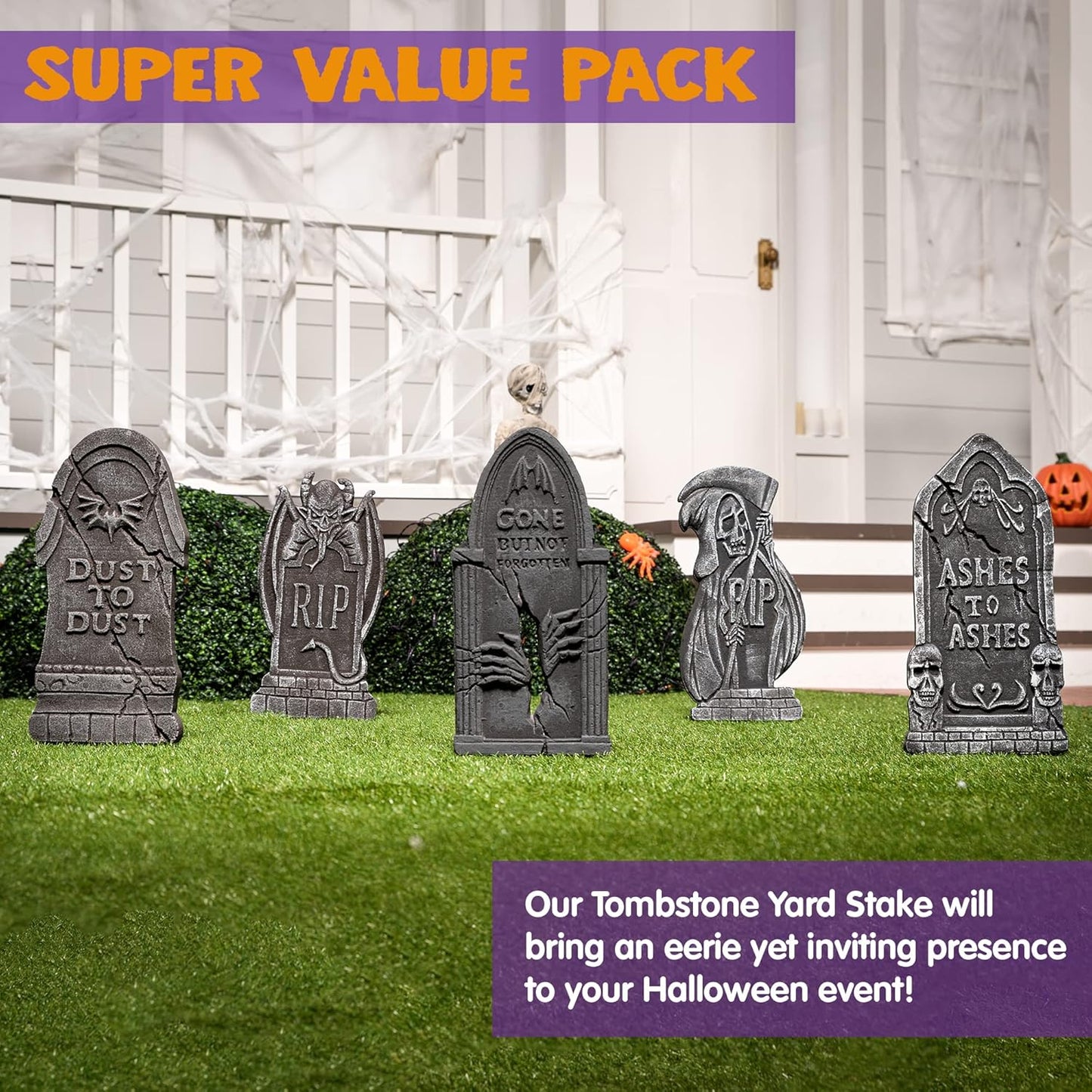 JOYIN 17” Halloween Tombstones for Graves Decorations Outdoor (5 Pack), Foam RIP Graveyard Headstone Decorations and 12 Bonus Metal Stakes for Halloween Yard Lawn Decor