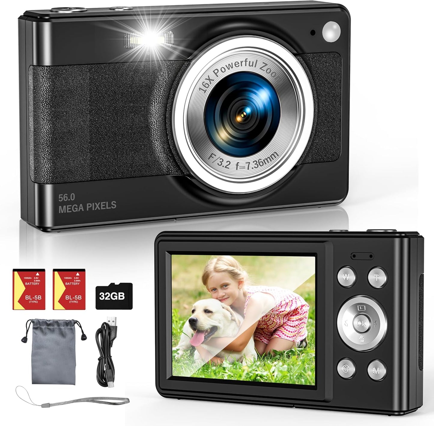 Upgrade Digital Camera, 56MP FHD 1080P Camera for Kids with 16x Zoom Anti Shake, Kid Camera with 32GB TF Card, Two Batteries, Lanyard, Compact Small for Kids Boys Girls(Black)