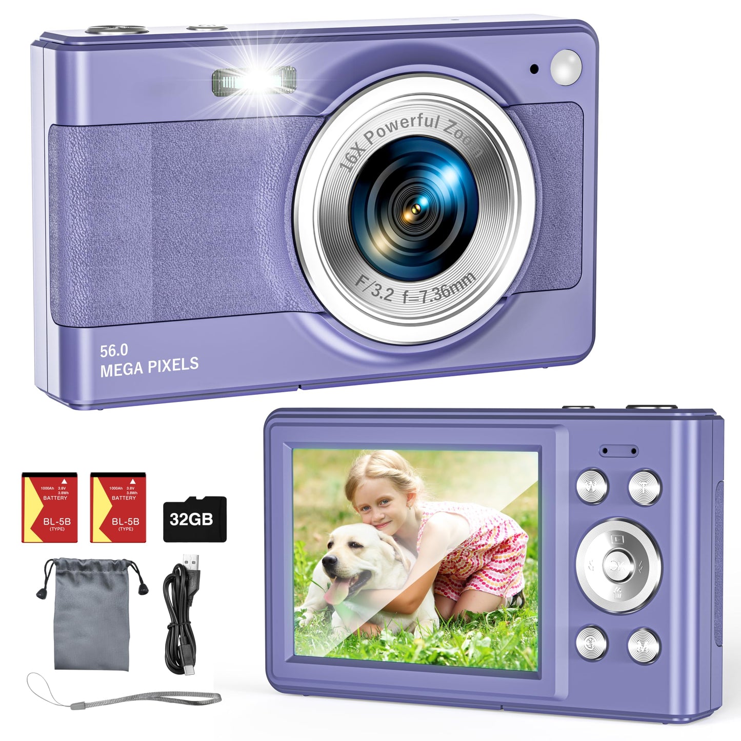 Upgrade Digital Camera, 56MP FHD 1080P Camera for Kids with 16x Zoom Anti Shake, Kid Camera with 32GB TF Card, Two Batteries, Lanyard, Compact Small for Kids Boys Girls(Black)