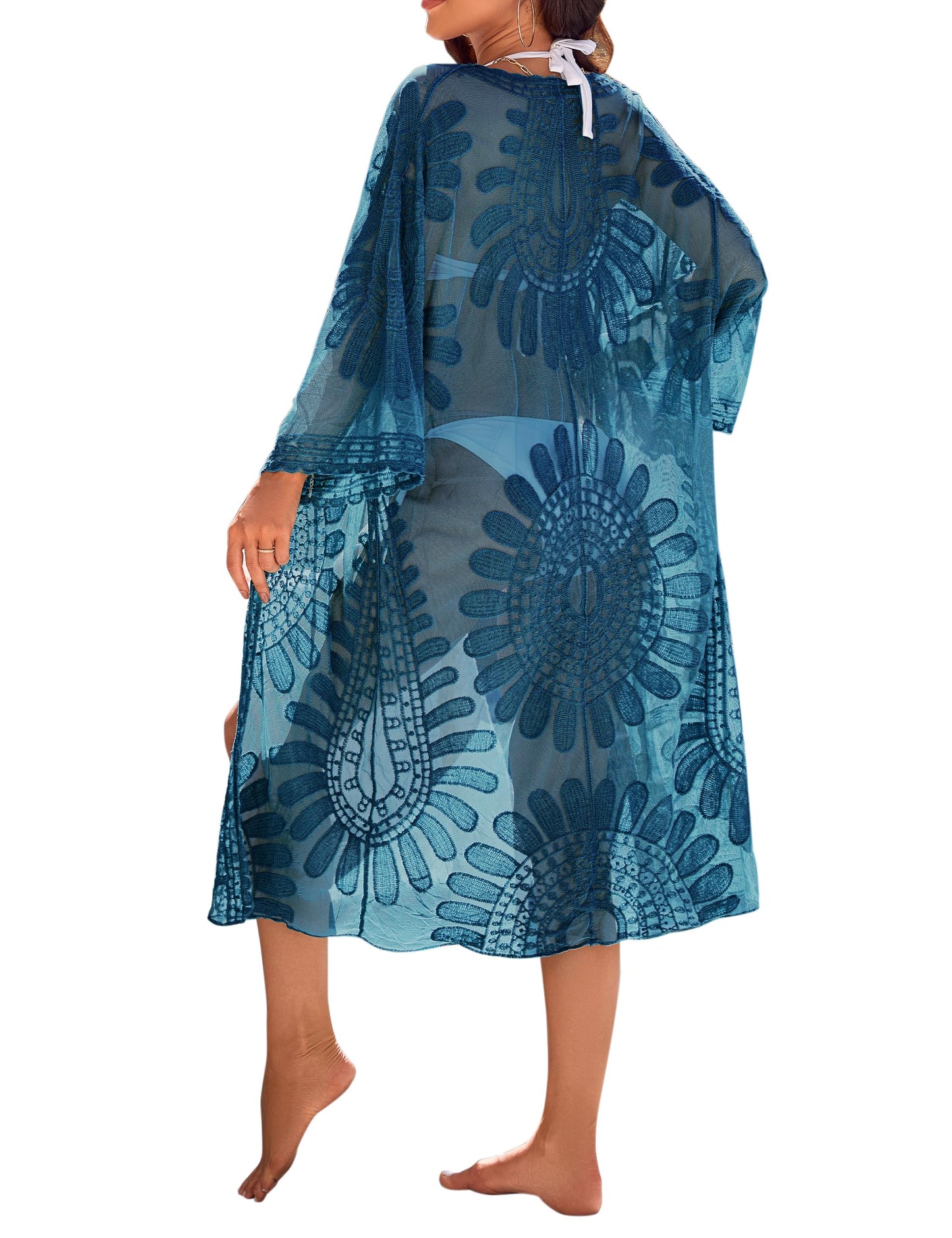 Blooming Jelly Womens Bathing Suit Cover Up 3/4 Sleeve Mesh Swimsuit Coverup Long Floral Beach Lace Kimono Summer Cardigan