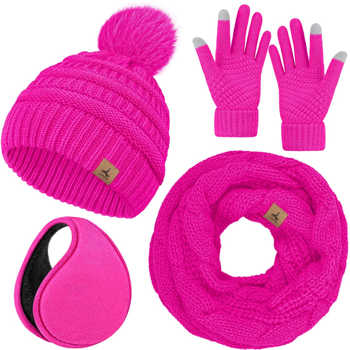 Winter Hat Scarf Gloves and Ear Warmer, Warm Knit Beanie Hat Touch Screen Gloves Set Winter Gifts Neck Scarves for Women