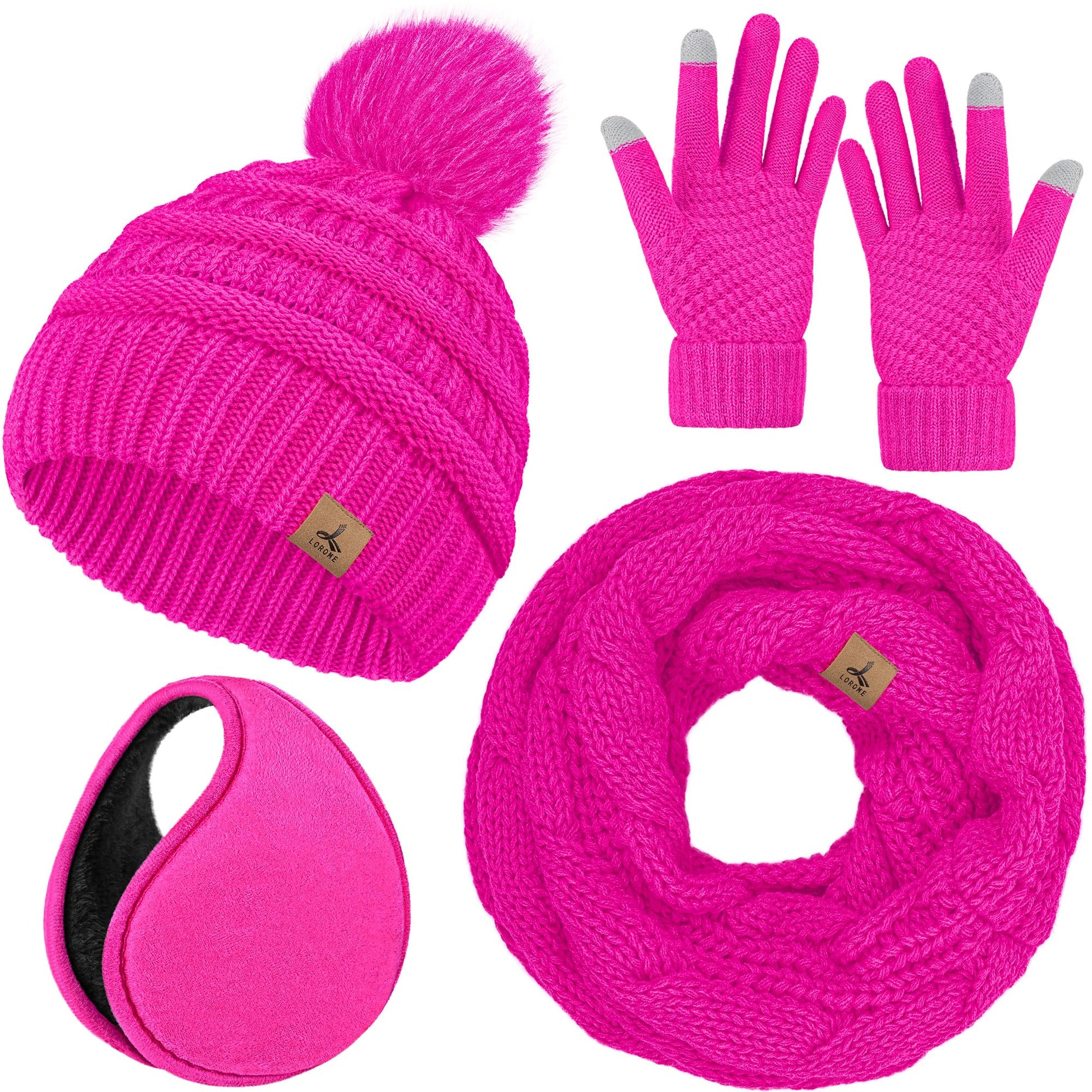 Winter Hat Scarf Gloves and Ear Warmer, Warm Knit Beanie Hat Touch Screen Gloves Set Winter Gifts Neck Scarves for Women
