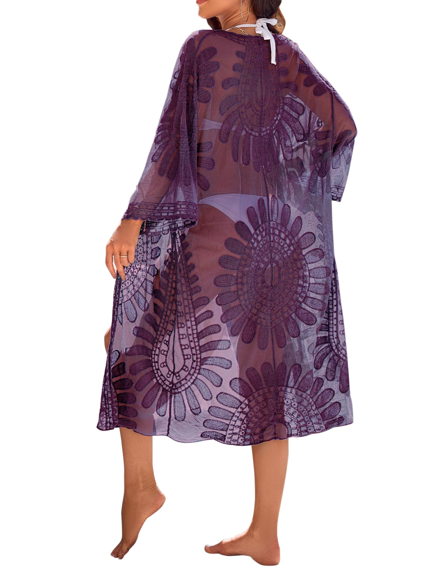 Blooming Jelly Womens Bathing Suit Cover Up 3/4 Sleeve Mesh Swimsuit Coverup Long Floral Beach Lace Kimono Summer Cardigan