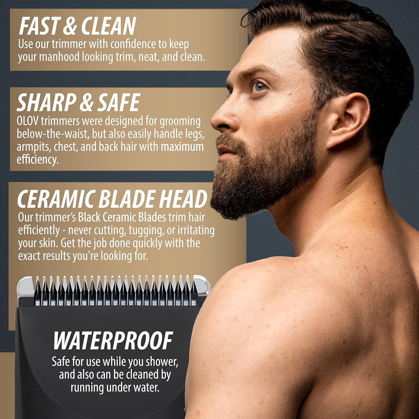 OLOV Electric Body Hair Trimmer - Groin Trimmer for Men - Bikini Trimmer Women - Wet/Dry Shaver Groomer, Replaceable Ceramic Blade Heads, USB Recharge Dock, Waterproof Hygiene Razor,Black