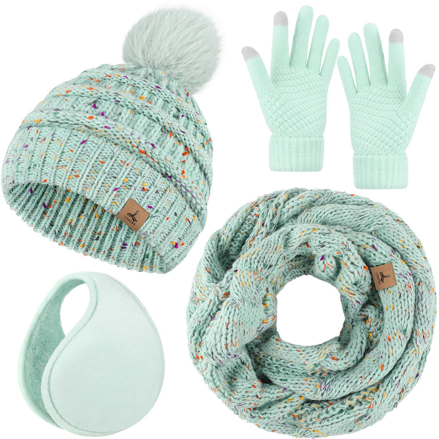 Winter Hat Scarf Gloves and Ear Warmer, Warm Knit Beanie Hat Touch Screen Gloves Set Winter Gifts Neck Scarves for Women