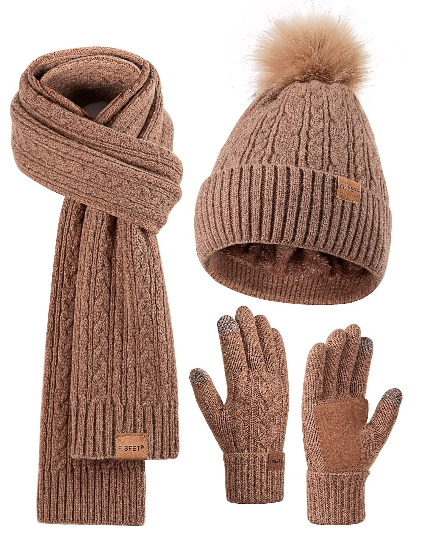 Winter Beanie Hat Scarf Gloves Set for Women, Pom Pom Beanie Fleece Lined Knit Neck Warmer Touchscreen Gloves 3 in 1 Gift Set