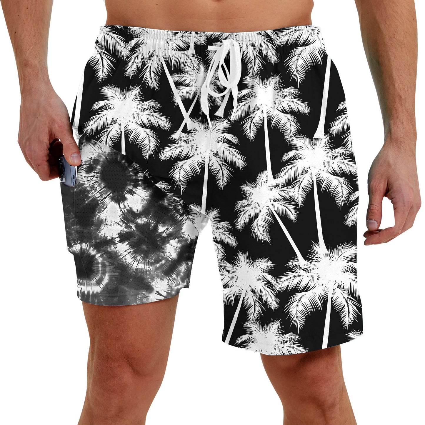 Men Swim Trunks with Compression Liner Men's 2 in 1 Bathing Suits 7 Inch Hawaiian Board Shorts
