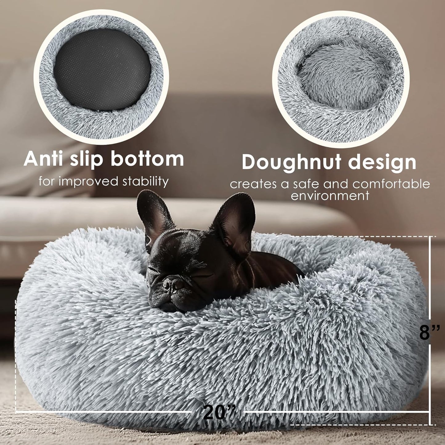 Hoewina Round Fluffy Pet Bed - Donut Bed for Puppies and Kittens, 20in for Indoor Dogs and Cats (Light Grey)ort Render