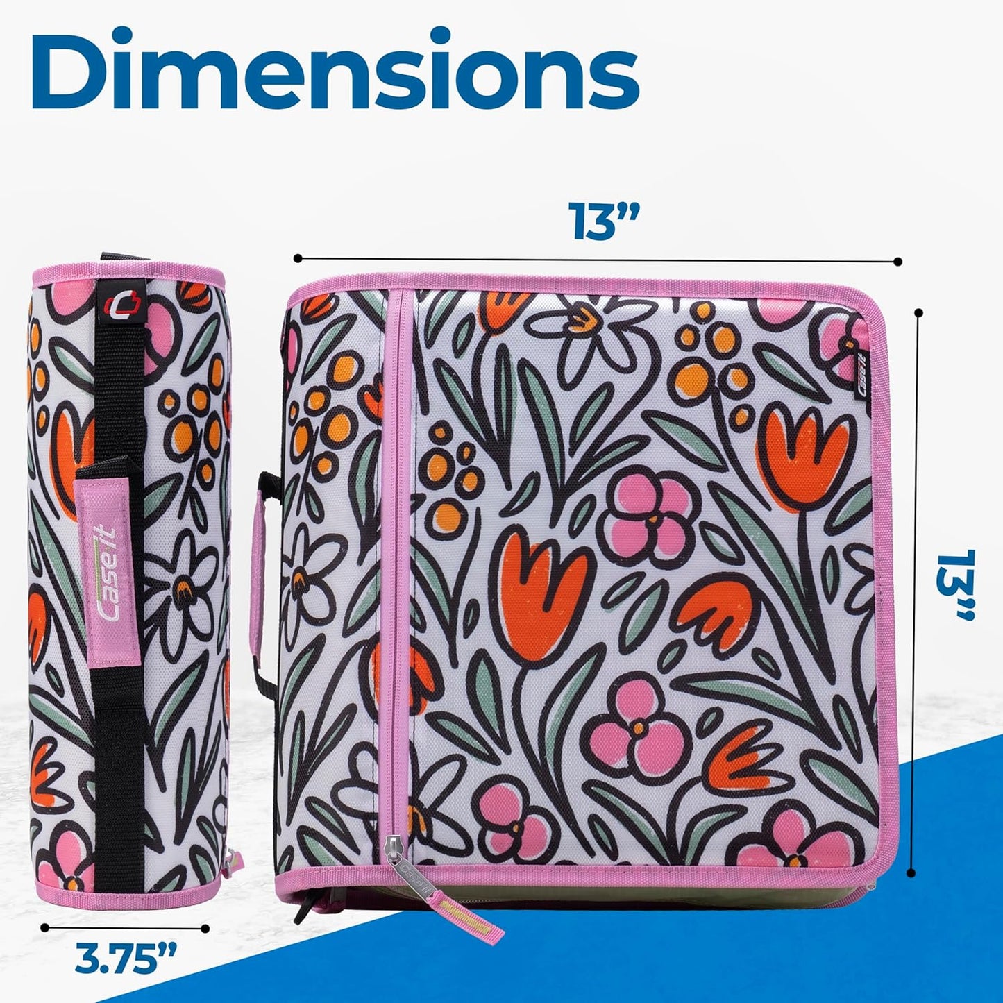 Case-it Mighty Zip Tab School Zipper Binder | 3-Inch O-Rings, 600-Sheet Capacity, 5-Subject Expanding File Folder, Multiple Pockets & Storage Organizer, Shoulder Strap | D-146 Fun Flowers