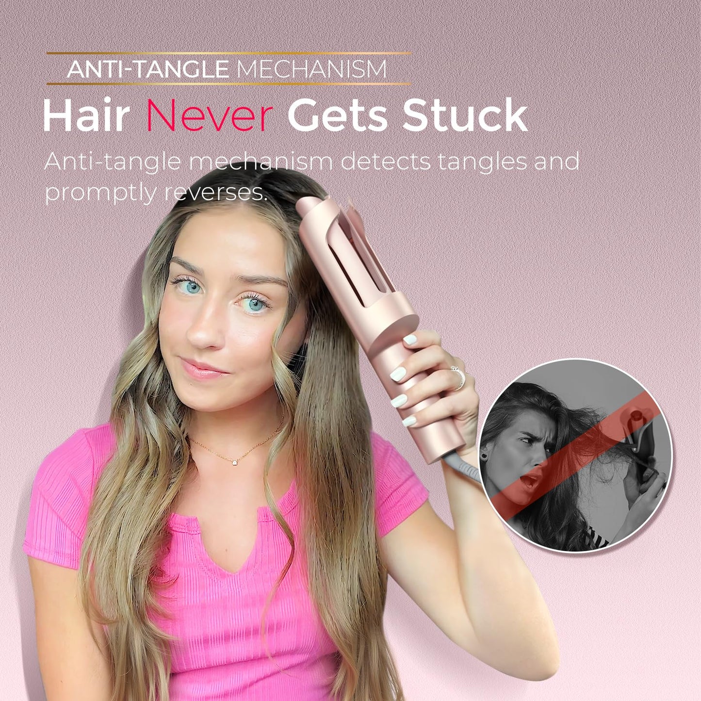 Upgraded Automatic Rotating Curling Iron - TYMO CurlPro Plus Long Barrel Curling Wand for Long Hair, Ceramic Hair Curler for Women, Anti-Scald, Tangle-Free, 600M Ionic, Dual Voltage, Gold, 1 Inch
