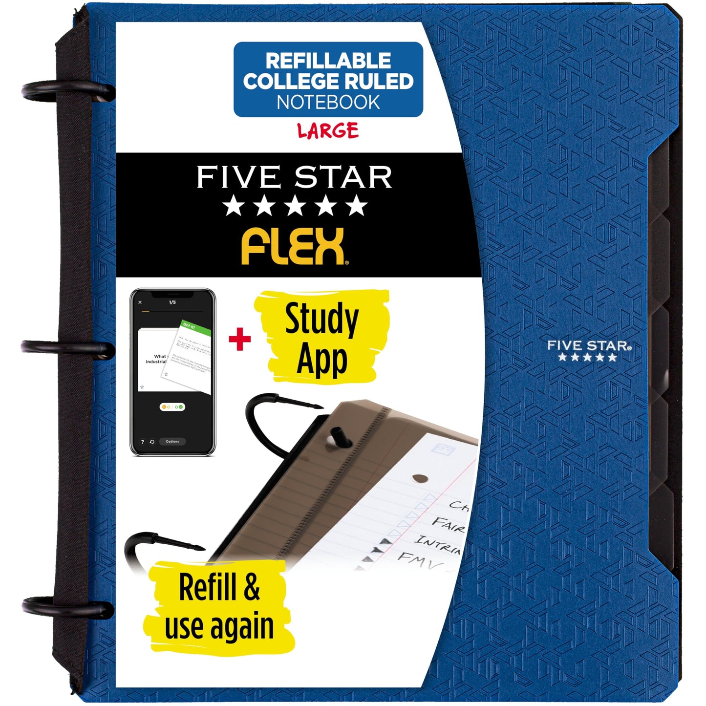 Five Star Flex Refillable Notebook + Study App, College Ruled Paper and 1 Inch TechLock Ring Binder with Pockets, Tabs and Dividers, 200 Sheet Capacity, Black (29328AA2)