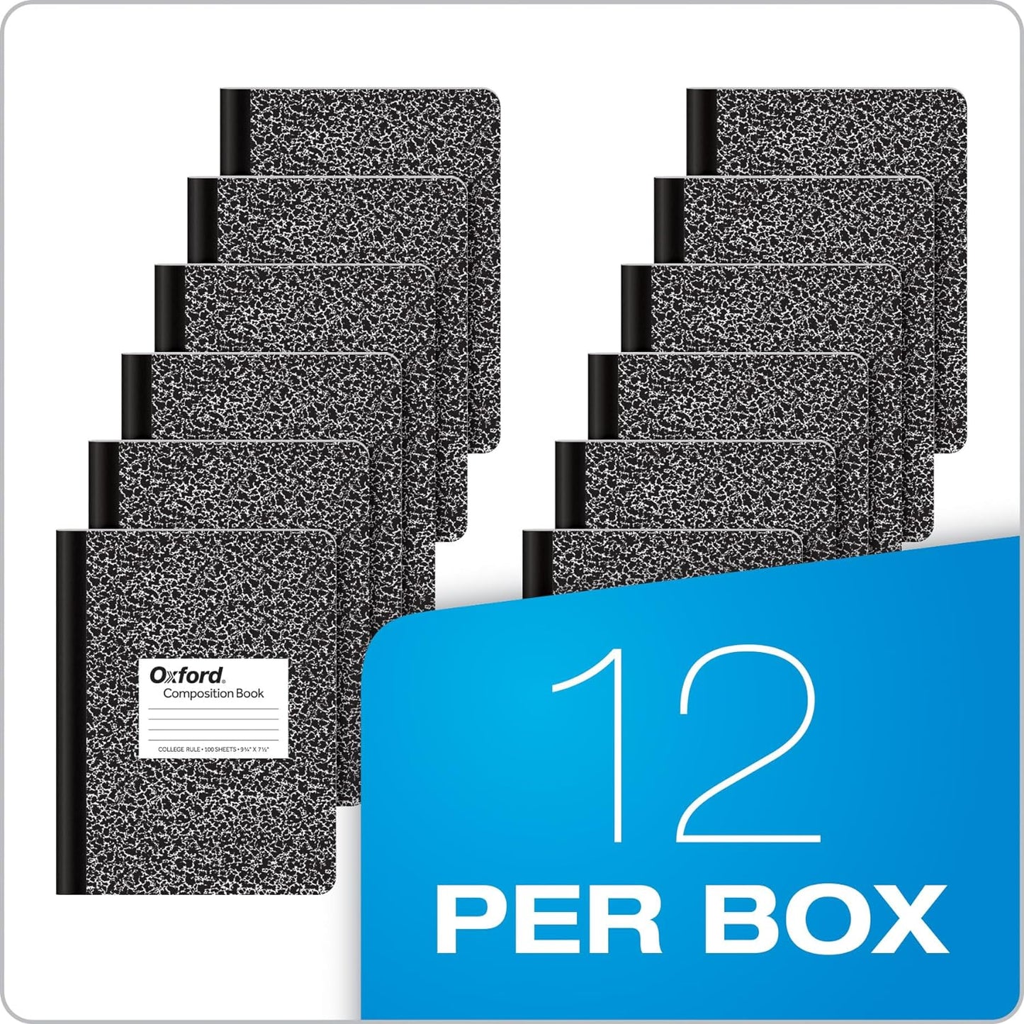 Oxford Composition Notebooks, School Supplies, Notebooks for School, College Ruled Paper, 9-3/4 x 7-1/2 Inches, School Comp Book, Black Marble Covers, 100 Lined Sheets, 12 per Pack (63796)