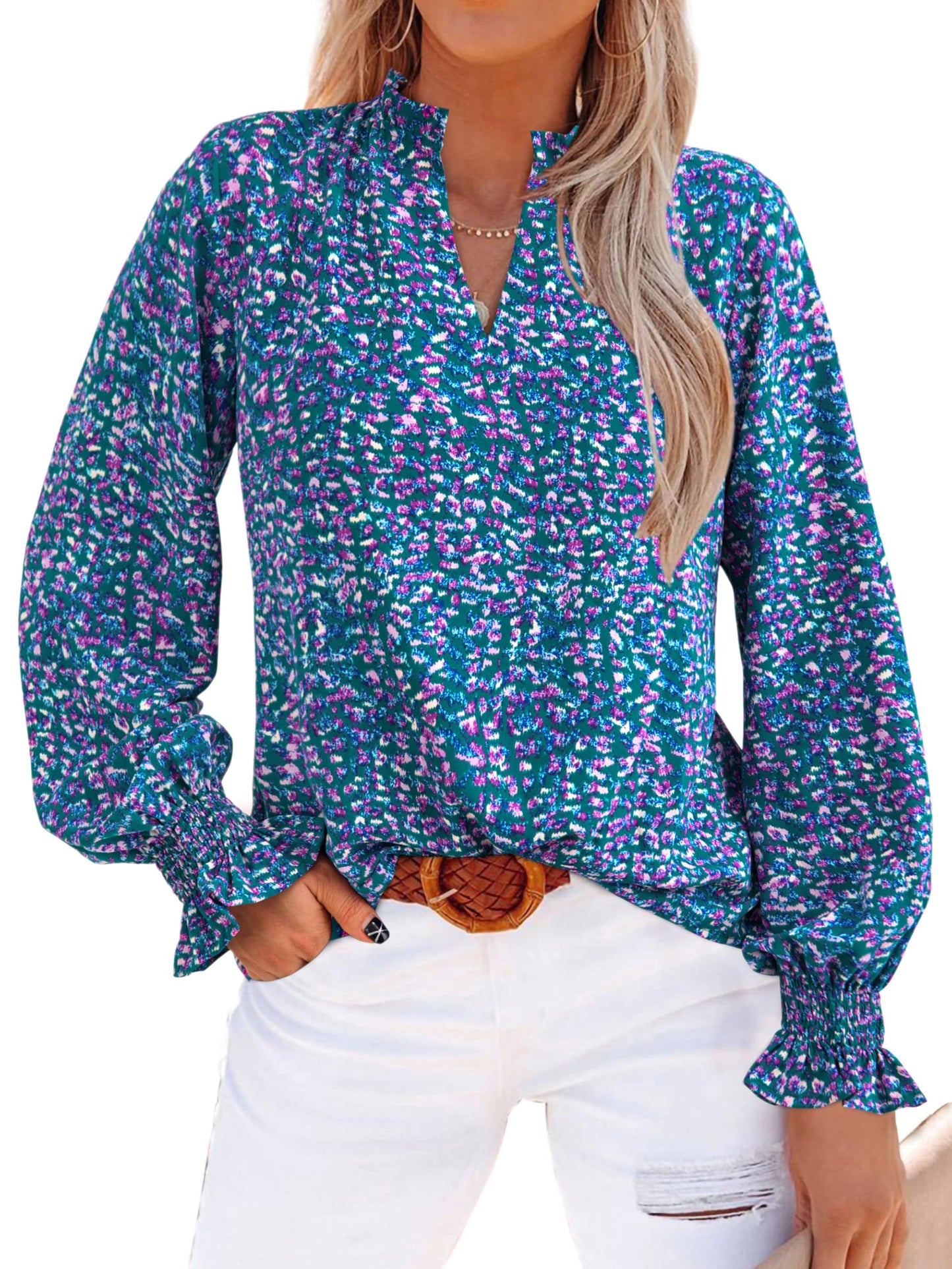 MASCOMODA Womens V Neck Floral Long Sleeve Tops 2025 Summer Casual Loose Puff Sleeve Chiffon Boho Work Blouse Dressy T Shirts