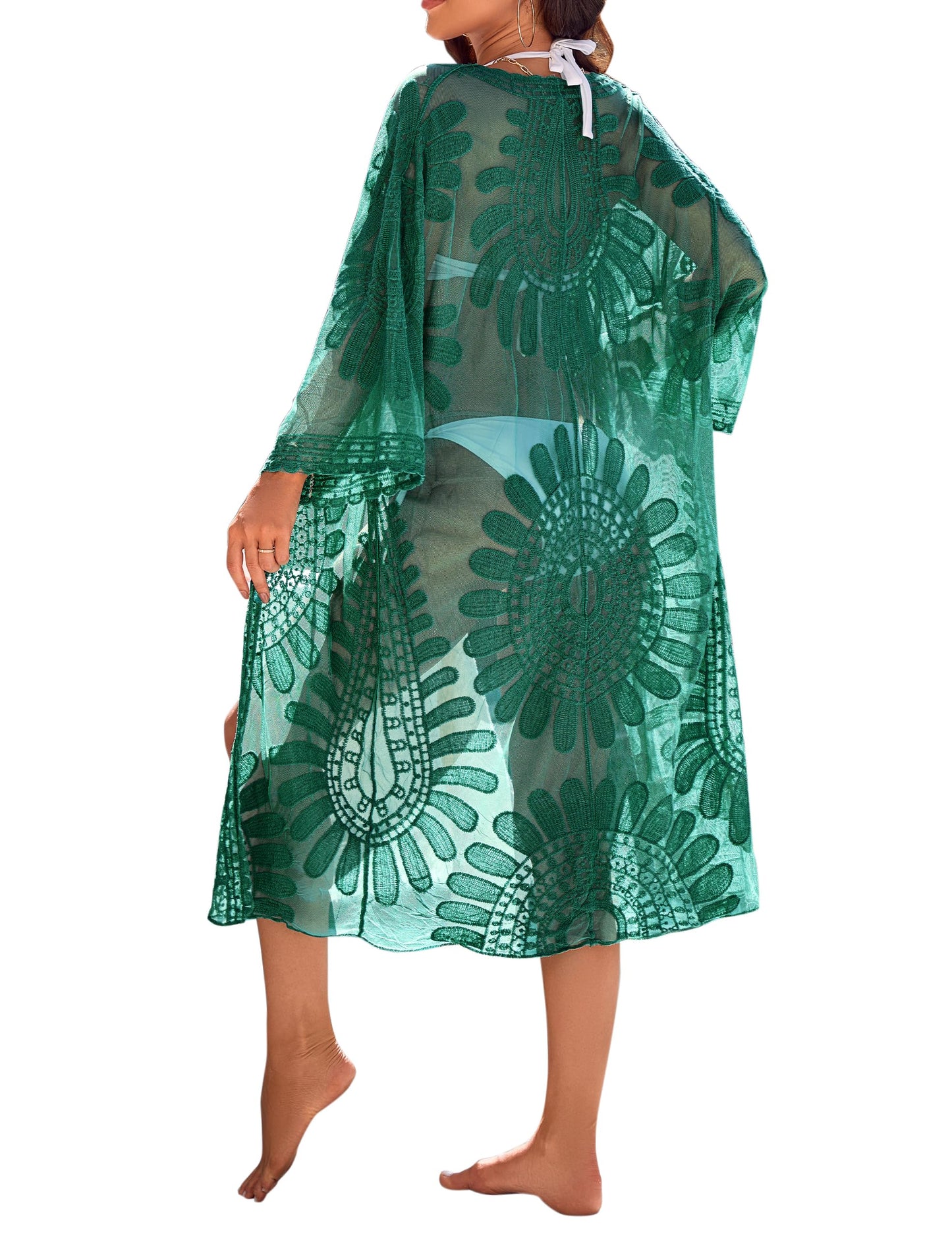 Blooming Jelly Womens Bathing Suit Cover Up 3/4 Sleeve Mesh Swimsuit Coverup Long Floral Beach Lace Kimono Summer Cardigan