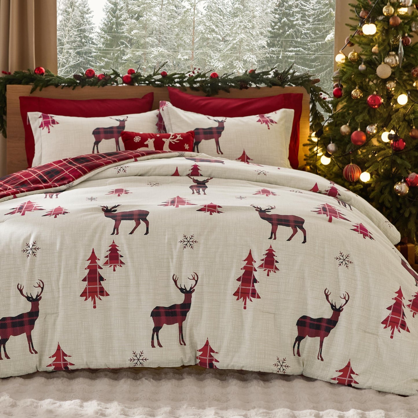 Bedsure Christmas Comforter Set Twin - Christmas Bed Set with Reindeer, Soft Bedding for Holiday, 2 Pieces, 1 Reversible Buffalo Check Printed Comforter and 1 Pillow Sham