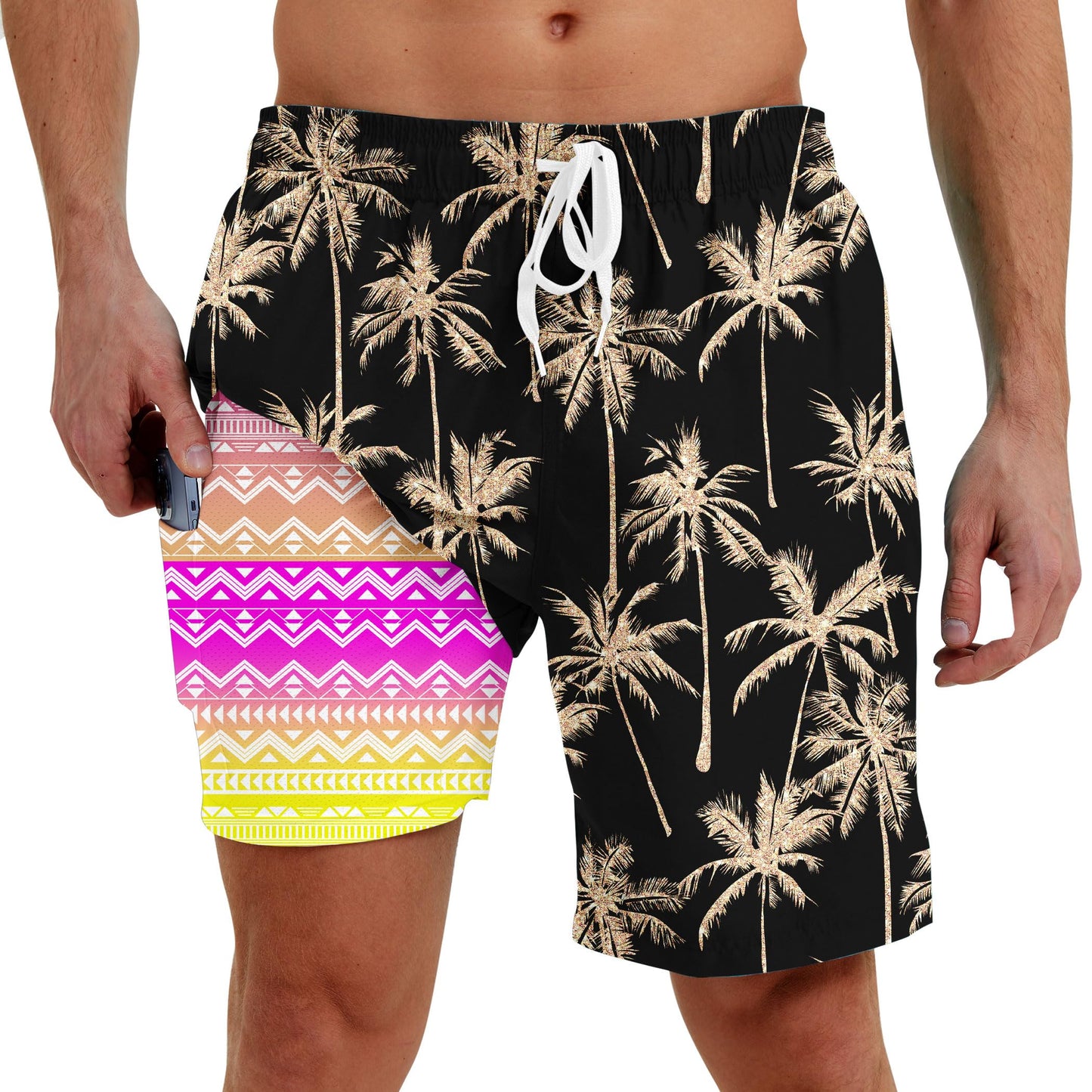 Men Swim Trunks with Compression Liner Men's 2 in 1 Bathing Suits 7 Inch Hawaiian Board Shorts