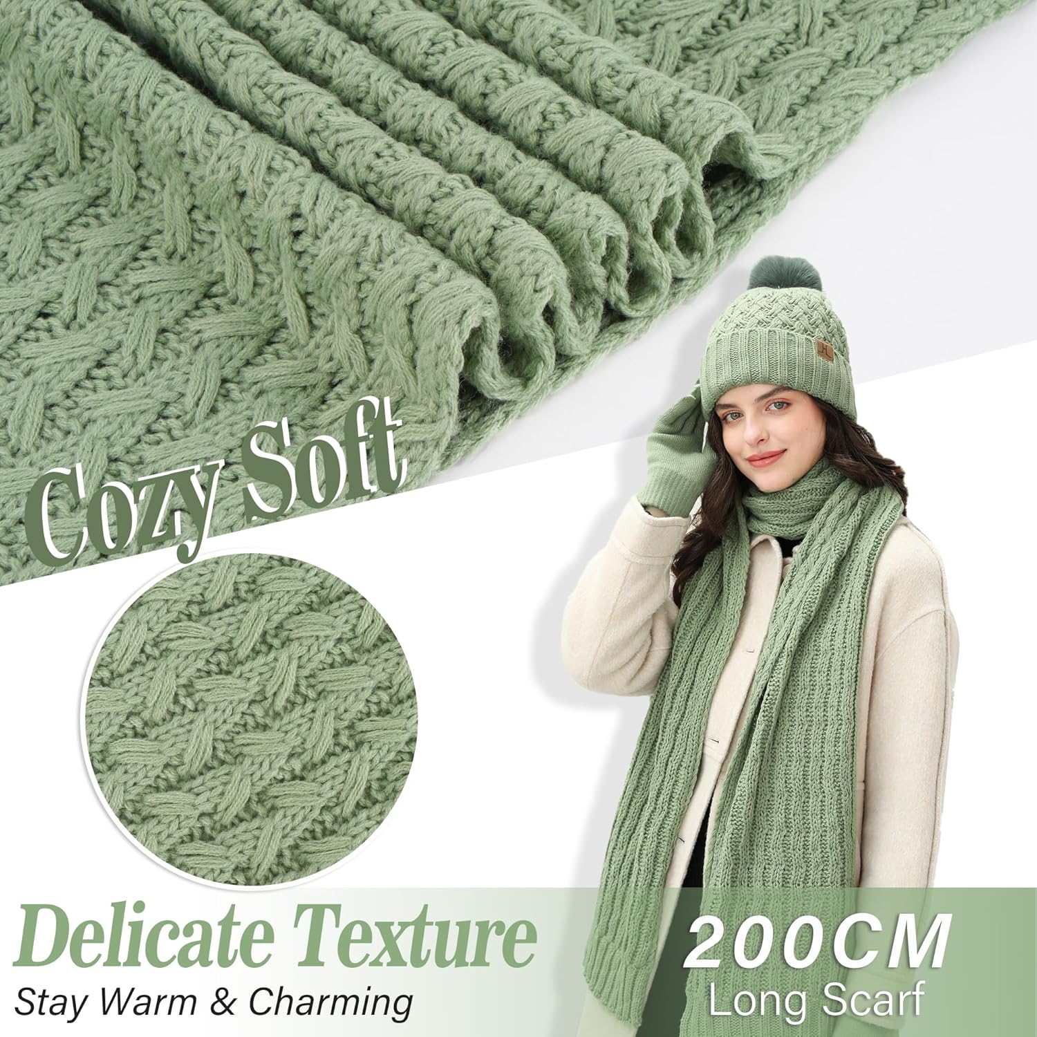 Womens Winter Beanie Hat Touchscreen Gloves Long Neck Scarf Set Warm Knit Caps with Pom Fleece Gifts for Women