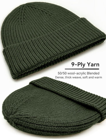 50% Wool Thick Beanie Hat for Men Women, Seamless Winter Knit Skull Cap, Cuffed Fisherman Beanie Warm Trawler Watch Cap