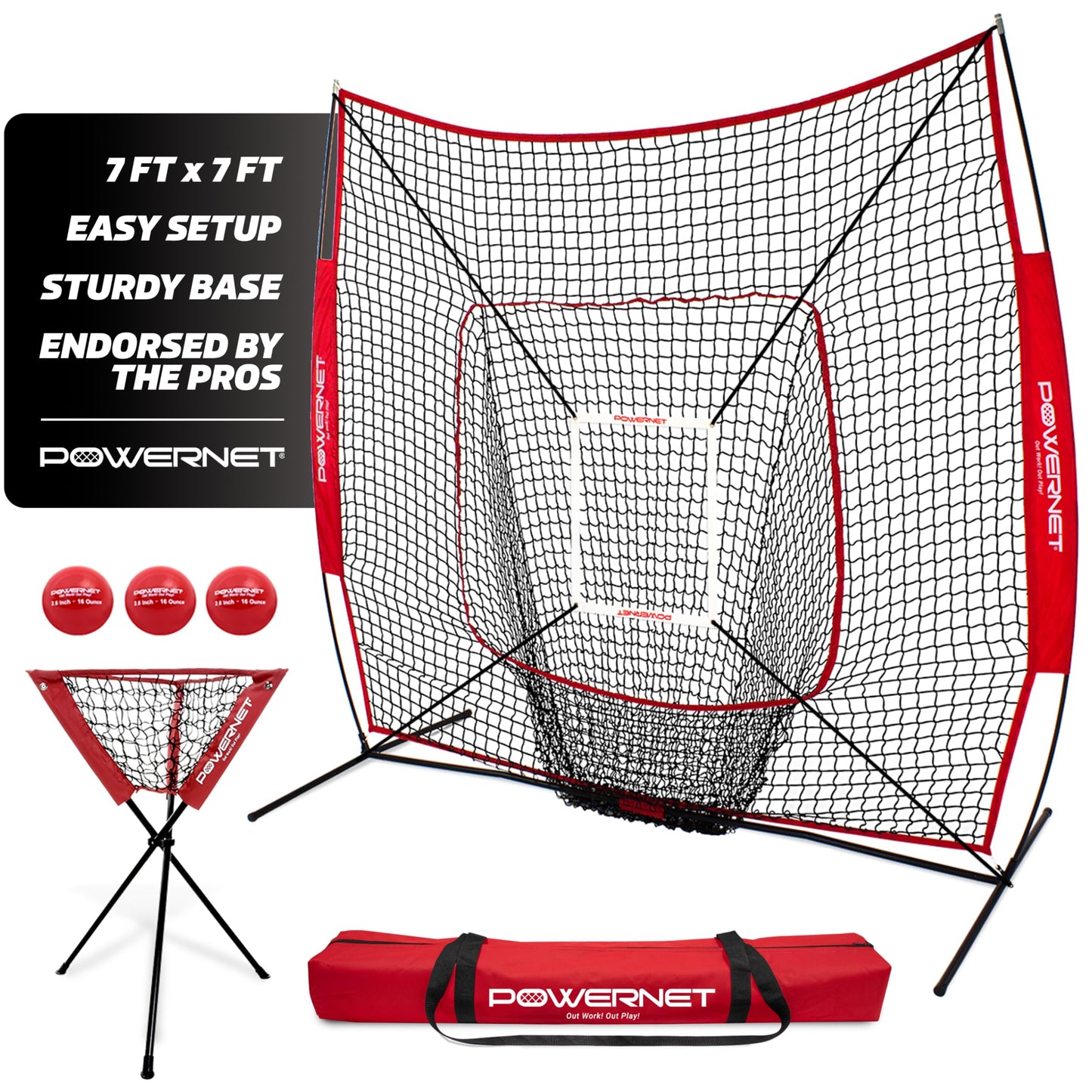 PowerNet Baseball Softball Practice Net 7x7 with Baseball Accessories for Practice Pitching, Batting & Fielding, Ball Caddy, Weighted Baseballs, Tee