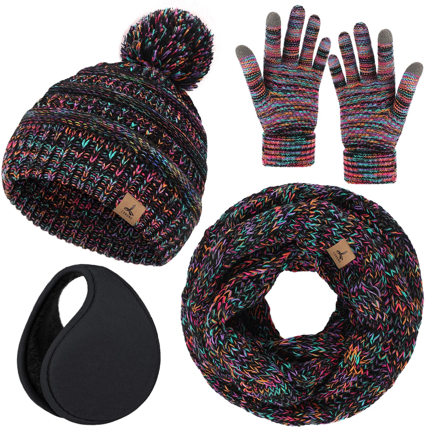 Winter Hat Scarf Gloves and Ear Warmer, Warm Knit Beanie Hat Touch Screen Gloves Set Winter Gifts Neck Scarves for Women