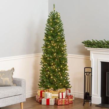 National Tree Company Artificial Pre-Lit Slim Christmas Tree, Green, Kingswood Fir, White Lights, Includes Stand, 6.5 Feet
