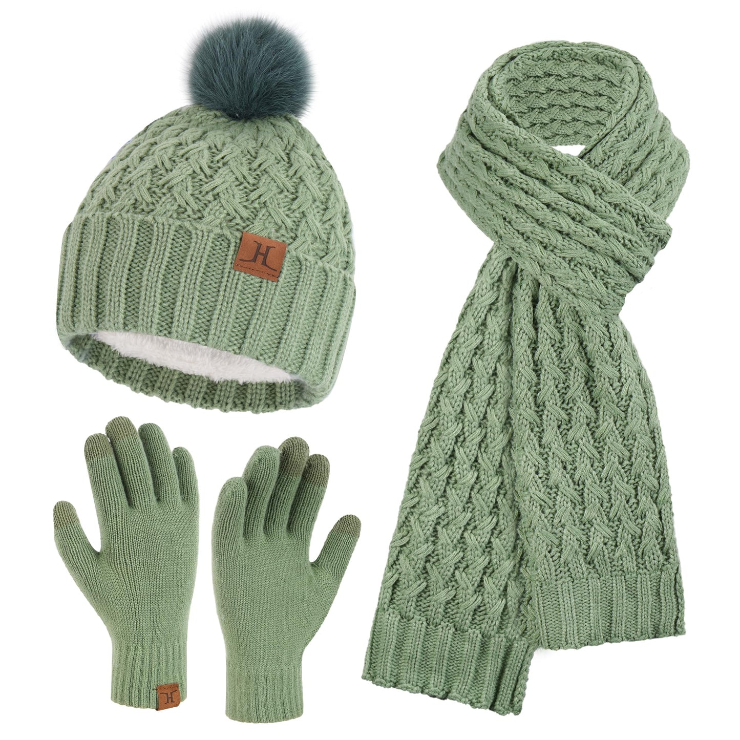 Womens Winter Beanie Hat Touchscreen Gloves Long Neck Scarf Set Warm Knit Caps with Pom Fleece Gifts for Women
