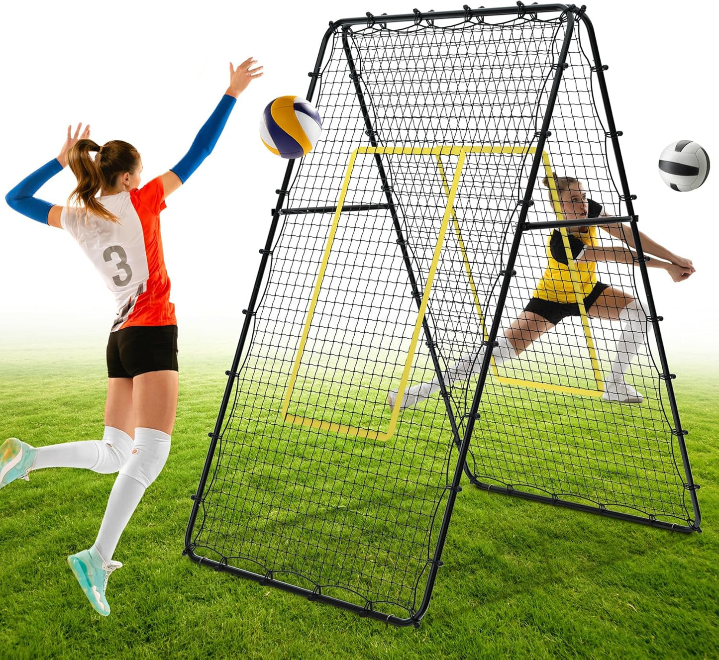 VIVITORY Double Sided Volleyball Rebounder Net, Adjustable Training Equipment Bounce Back Net Practice for Setting Spiking Bumping, Multi-Person Lacrosse, Baseball, Soccer Practicing - 7x4 Ft