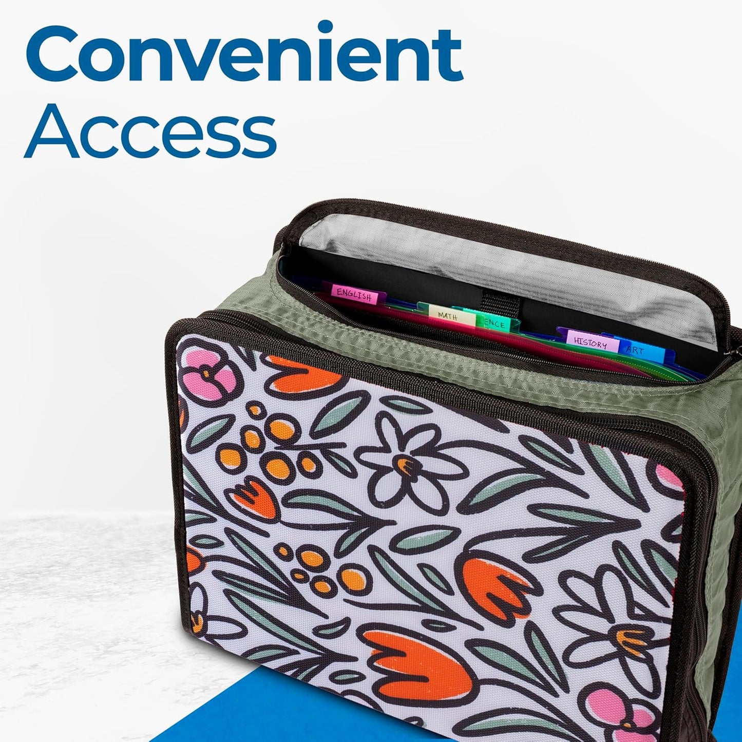 Case-it Mighty Zip Tab School Zipper Binder | 3-Inch O-Rings, 600-Sheet Capacity, 5-Subject Expanding File Folder, Multiple Pockets & Storage Organizer, Shoulder Strap | D-146 Fun Flowers