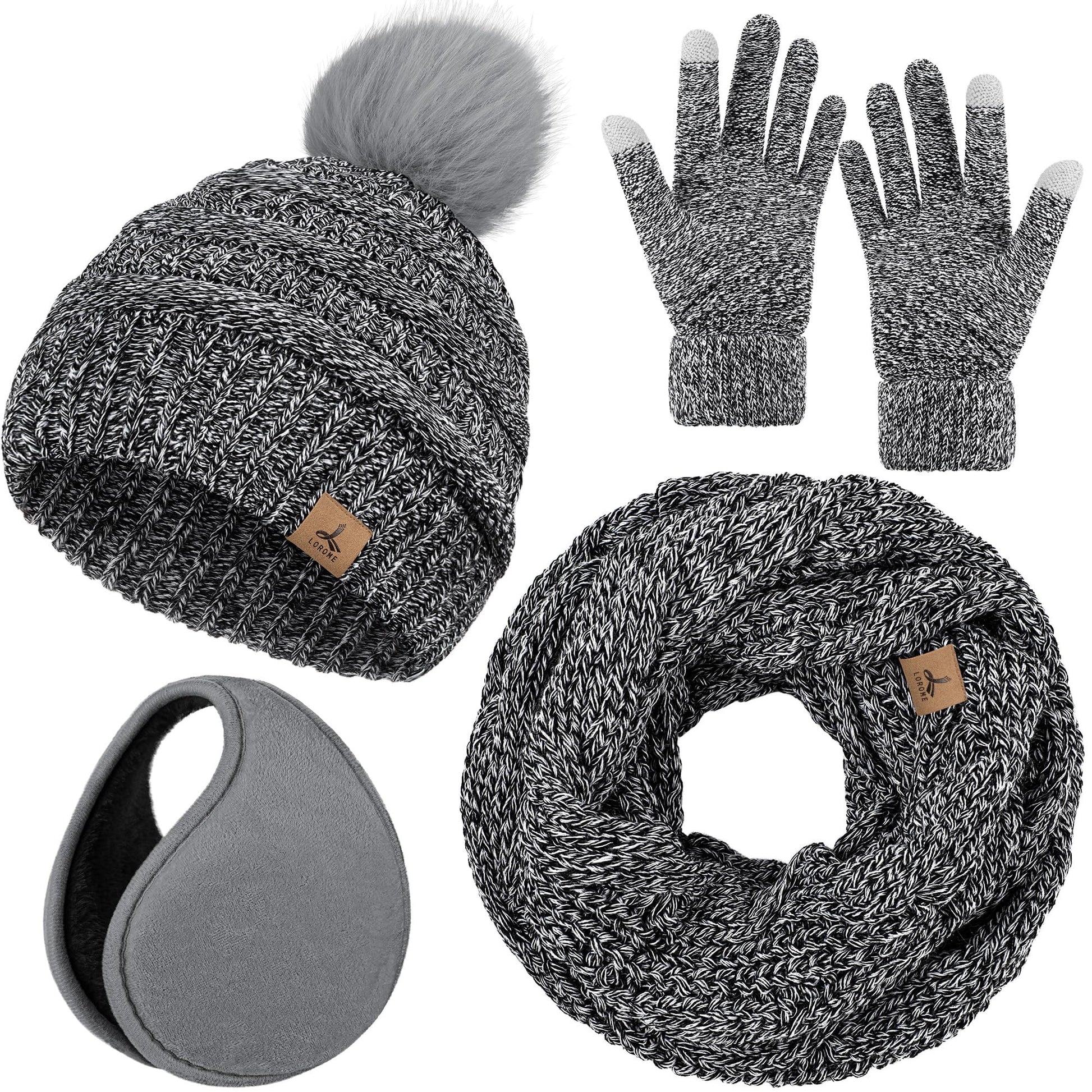 Winter Hat Scarf Gloves and Ear Warmer, Warm Knit Beanie Hat Touch Screen Gloves Set Winter Gifts Neck Scarves for Women