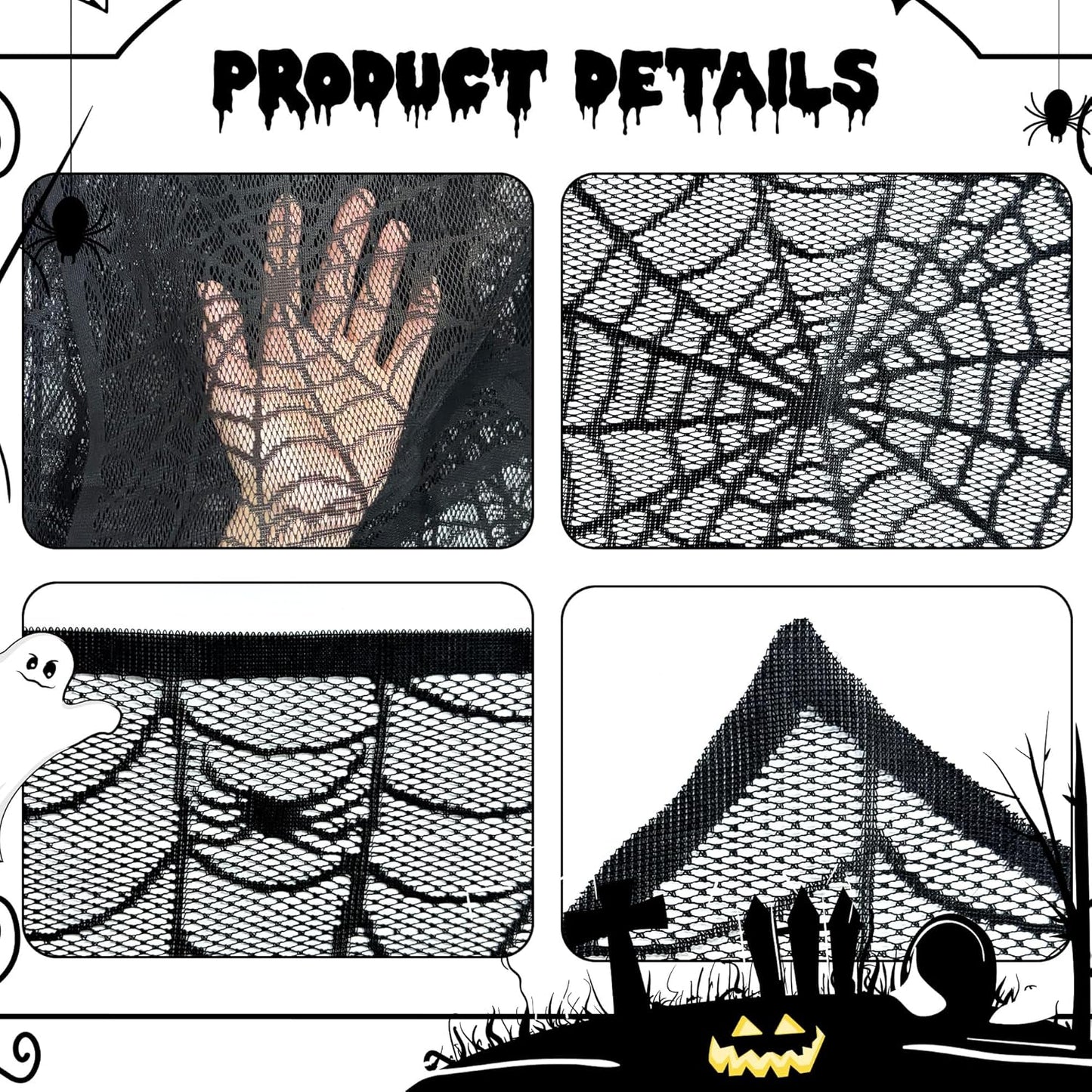 Halloween Mantel Scarf Black Lace Spiderweb for Fireplace Decor Halloween Decorations Indoor Fireplace Scarf(18 x 96 inch)(Black)