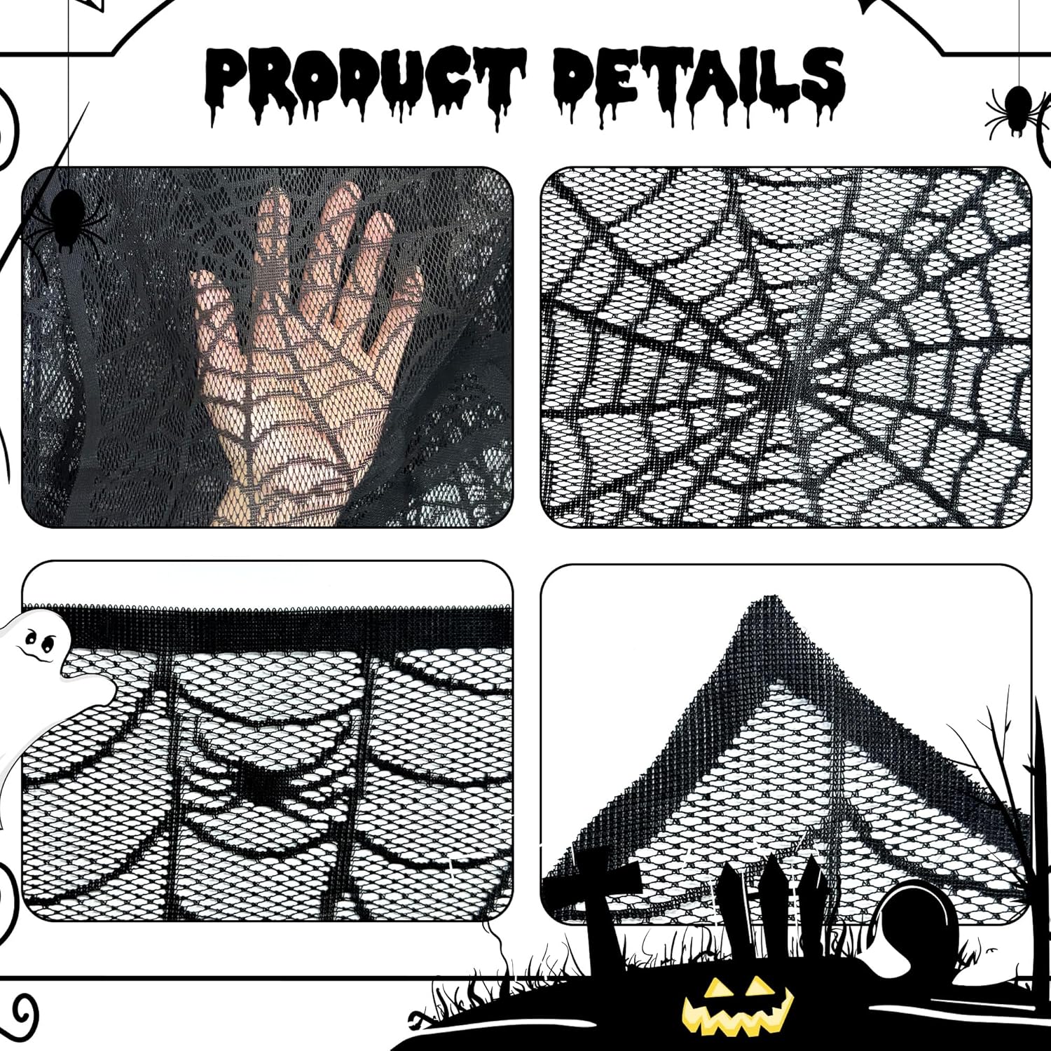 Halloween Mantel Scarf Black Lace Spiderweb for Fireplace Decor Halloween Decorations Indoor Fireplace Scarf(18 x 96 inch)(Black)
