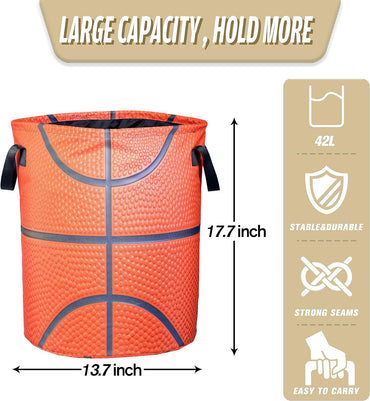 Basketball Texture Laundry Basket Ball Foldable Waterproof Oxford Cloth Funny Tote Bag Laundry Hamper Clothes Storage Bucket Toy Organizer For Bathroom/Laundry Storage/Bedroom 17.7x13.7 Inch