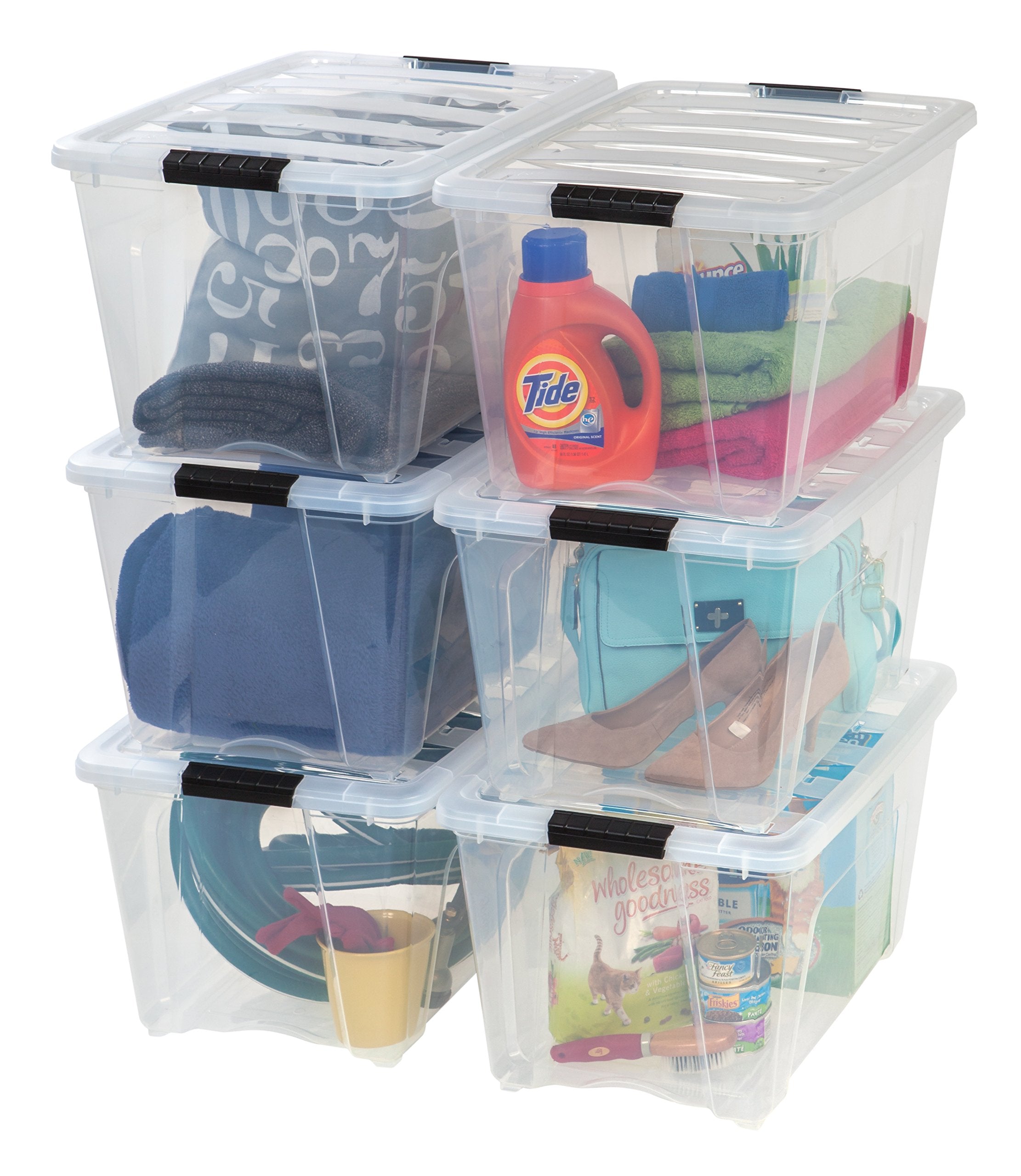 IRIS USA 13 Qt Stackable Plastic Storage Bins with Lids, 6 Pack - BPA-Free, Made in USA - Discreet Organizing Solution, Latches, Durable Nestable Containers, Secure Pull Handle - Pearl
