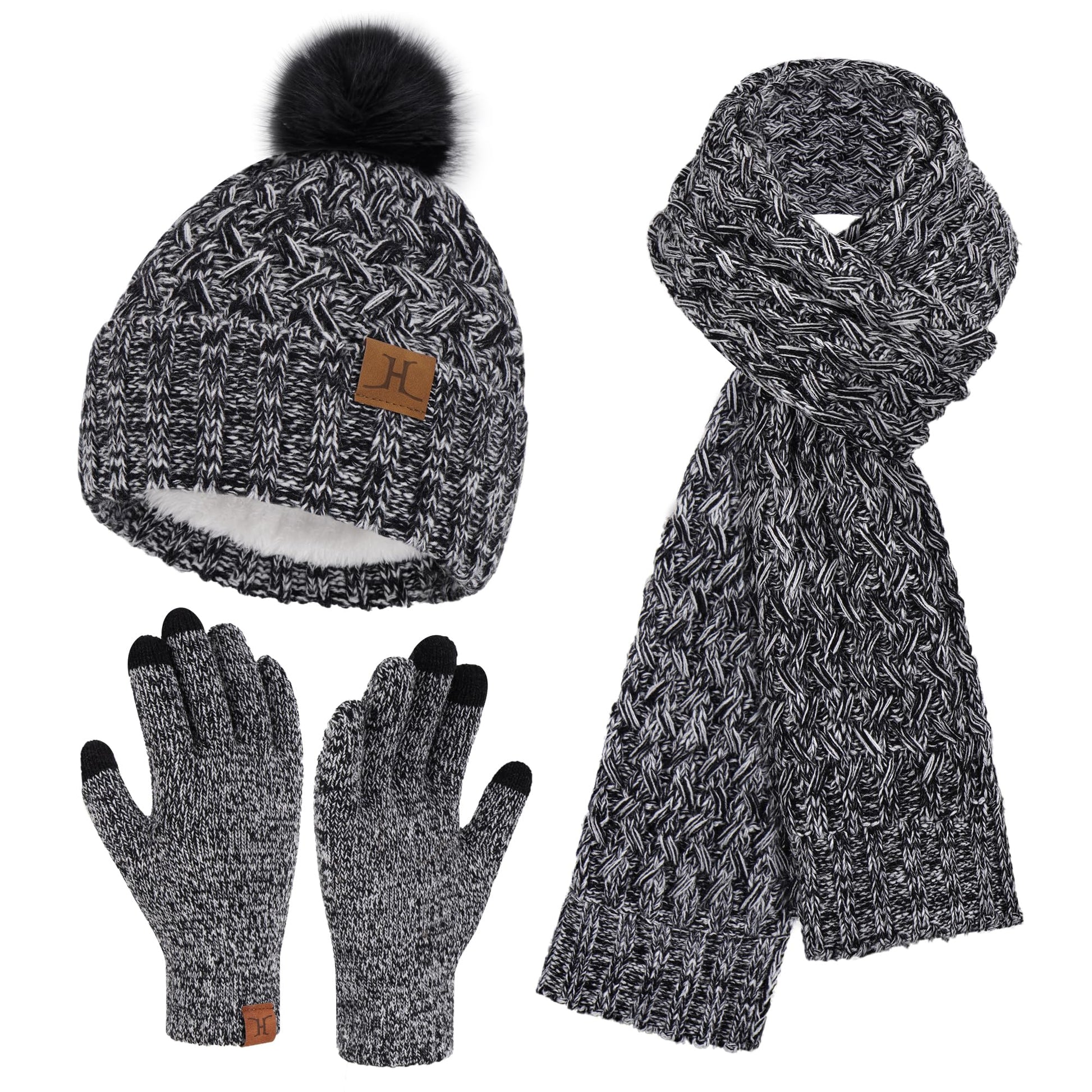 Womens Winter Beanie Hat Touchscreen Gloves Long Neck Scarf Set Warm Knit Caps with Pom Fleece Gifts for Women