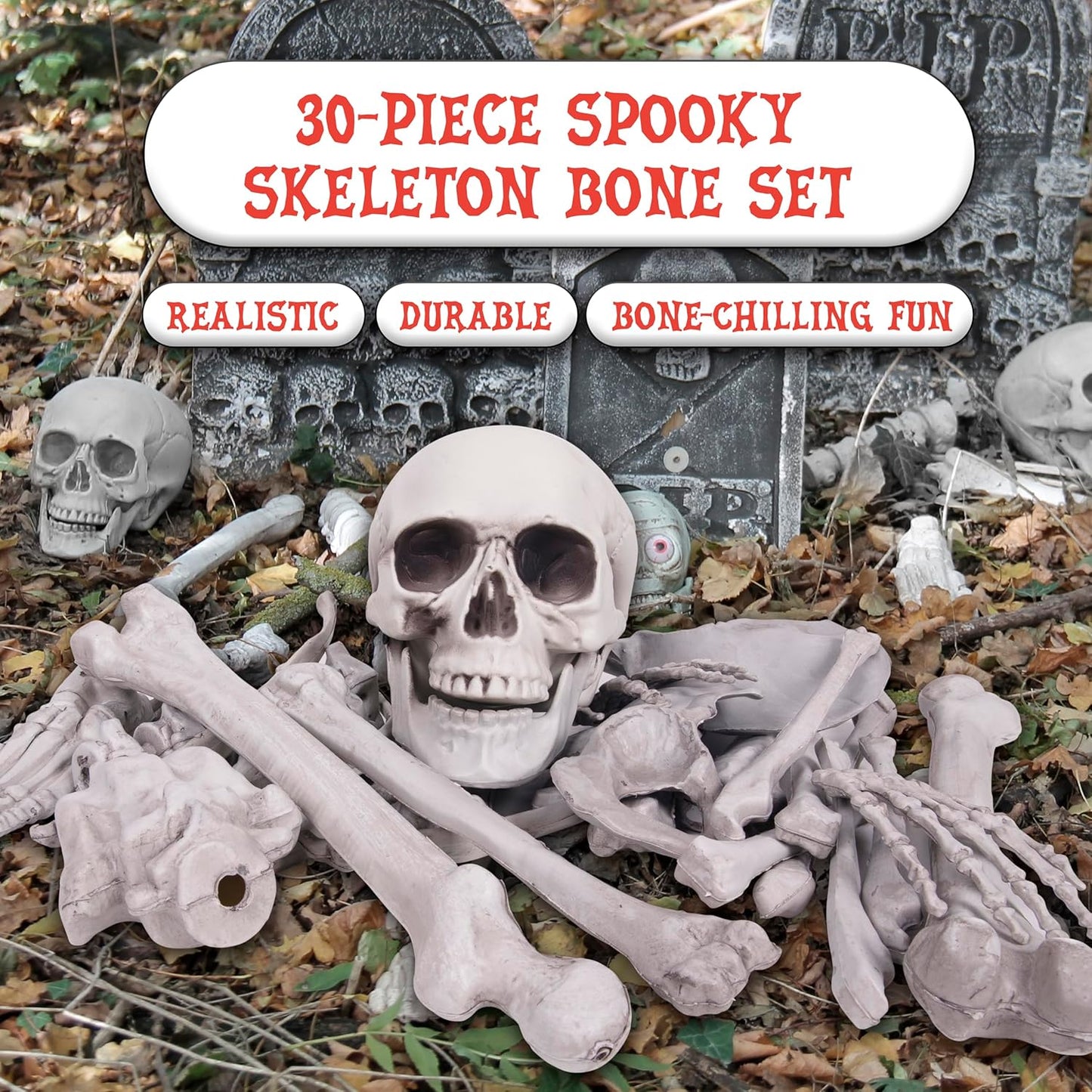 Kangaroo Halloween Skeleton Decor Bones 30 Pieces Bulk - Large Bag of Plastic Bones for Outdoor Yard Decoration - Scary Graveyard Fake Skulls and Bones