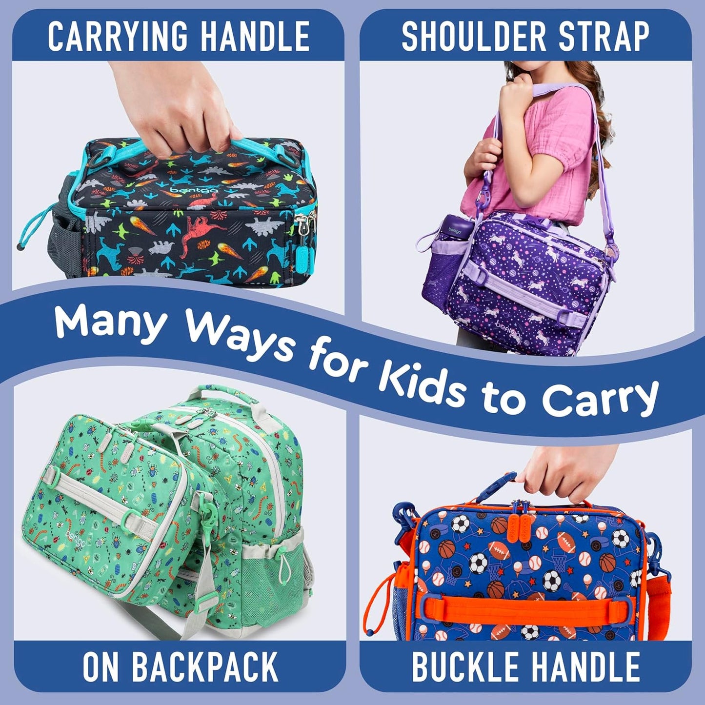 Bentgo Kids Lunch Bag - Double-Insulated, Reusable Lunch Bag for Kids 3+ with Adjustable Strap; Holds Lunch Box/Water Bottle/Snacks; Easy-Clean, Water-Resistant & Pockets (Sports)