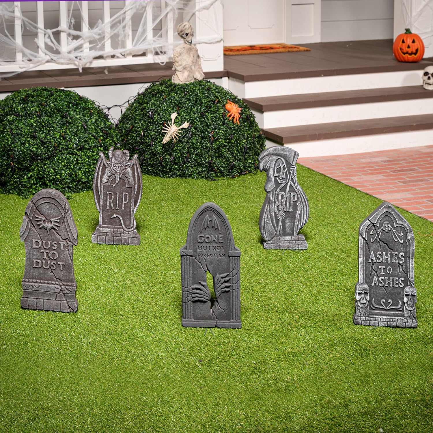JOYIN 17” Halloween Tombstones for Graves Decorations Outdoor (5 Pack), Foam RIP Graveyard Headstone Decorations and 12 Bonus Metal Stakes for Halloween Yard Lawn Decor