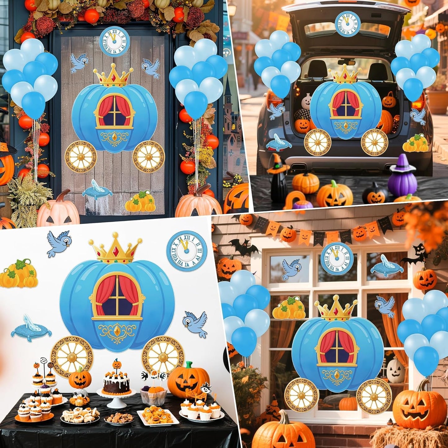 Halloween Trunk or Treat Party Decoration Kit - Princess Prince Car Archway Garage Decoration Halloween Blue Pumpkin Cartoon Cutouts with Backdrop Balloons for House Outdoor Decor, 42Pcs