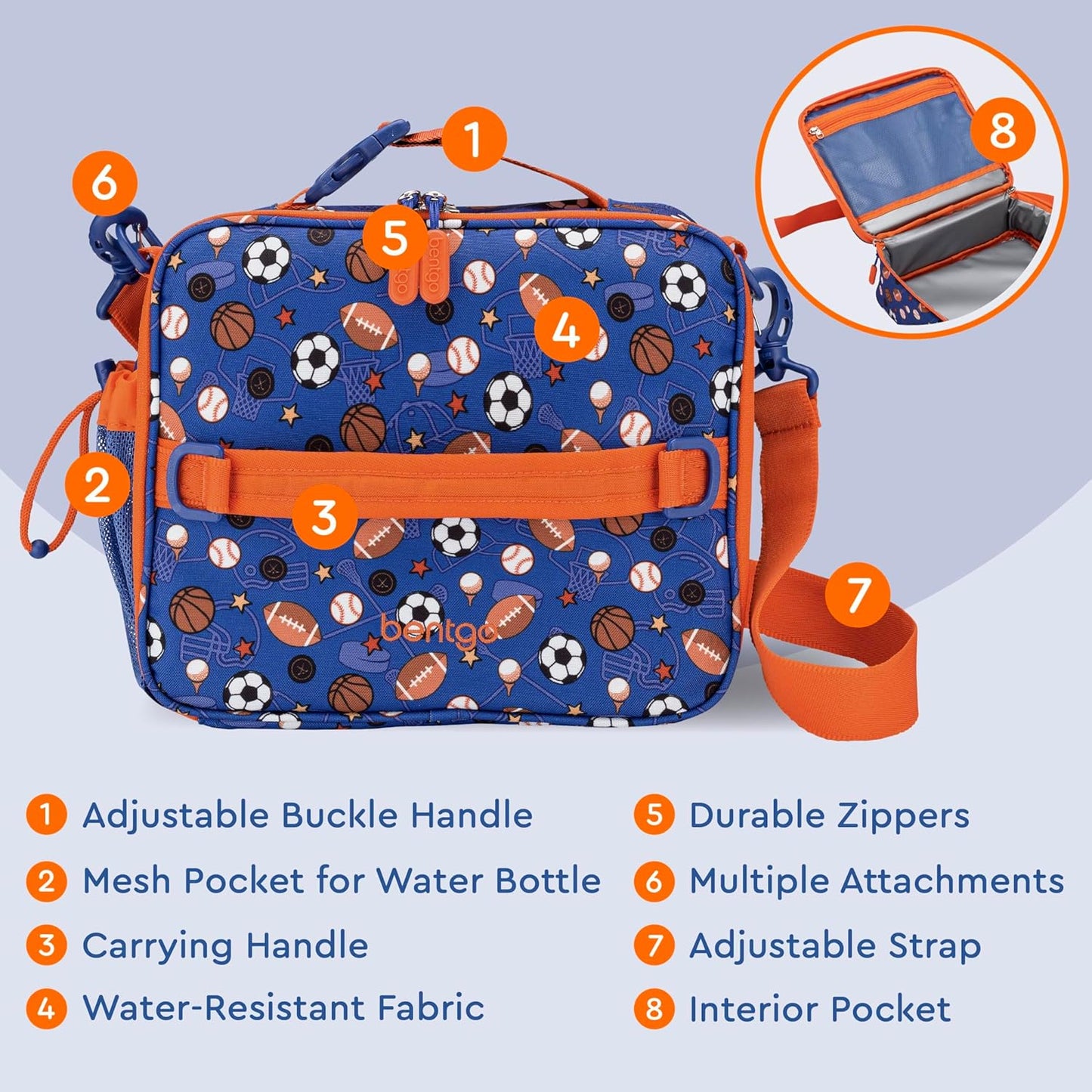 Bentgo Kids Lunch Bag - Double-Insulated, Reusable Lunch Bag for Kids 3+ with Adjustable Strap; Holds Lunch Box/Water Bottle/Snacks; Easy-Clean, Water-Resistant & Pockets (Sports)
