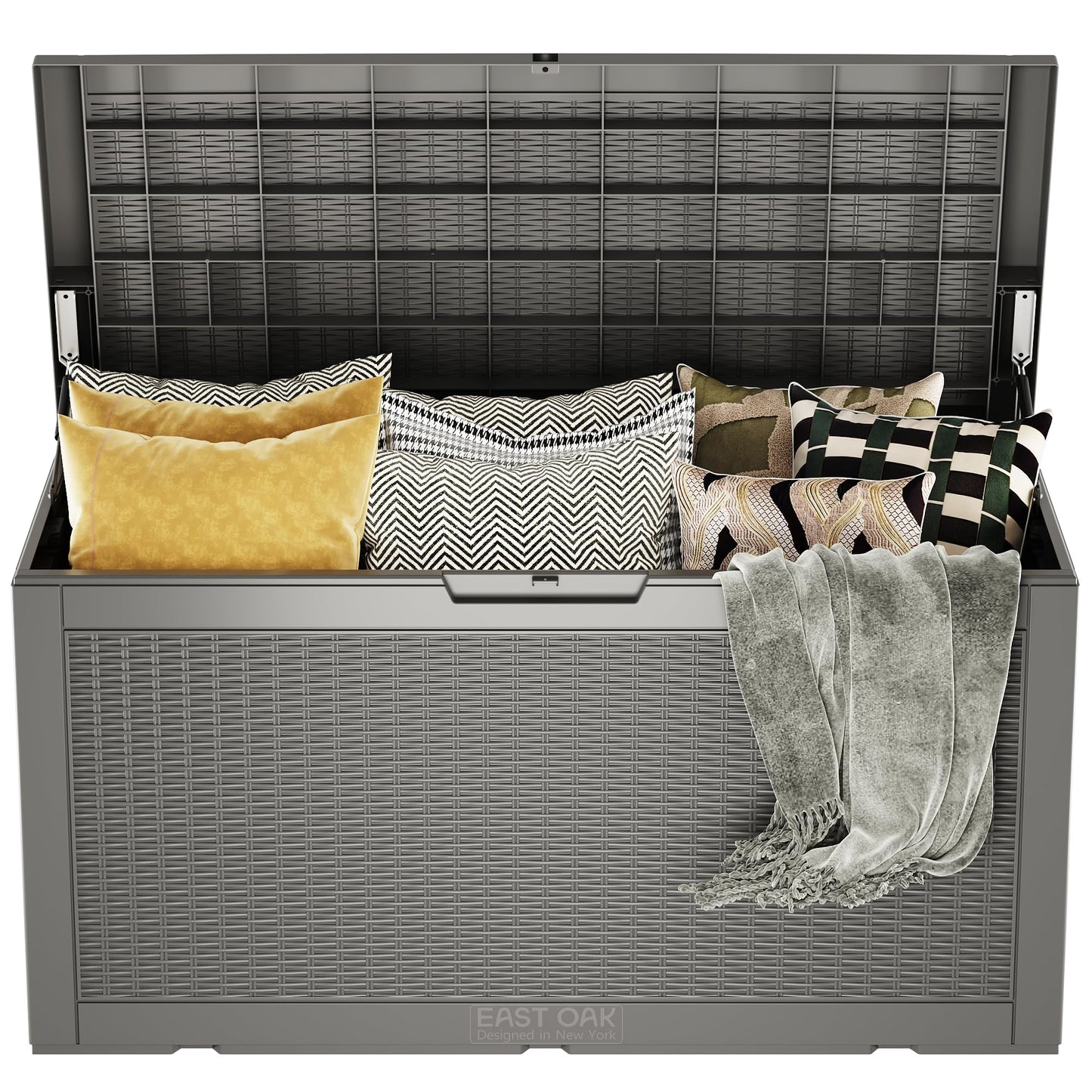 EAST OAK Outdoor Storage Box, 31 Gallon Deck Box Indoor and Outdoor Use, Waterproof Resin Storage Bin for Package Delivery, Patio Cushions, Gardening Tools, Lockable, UV Resistant, Grey